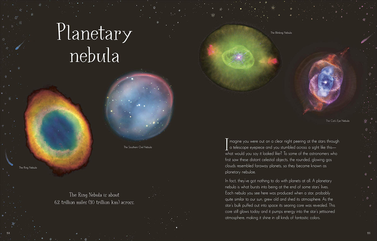 Page from Mysteries of the Universe showing colorful planetary nebulae with detailed illustrations and scientific descriptions.