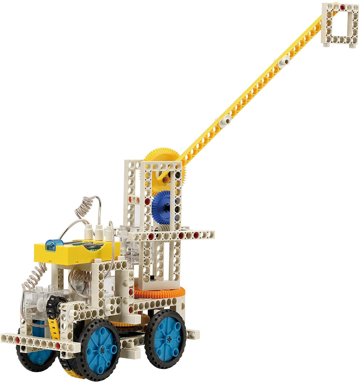 Remote Control Machines kit featuring a motorized crane model with blue wheels and yellow arm assembly parts.