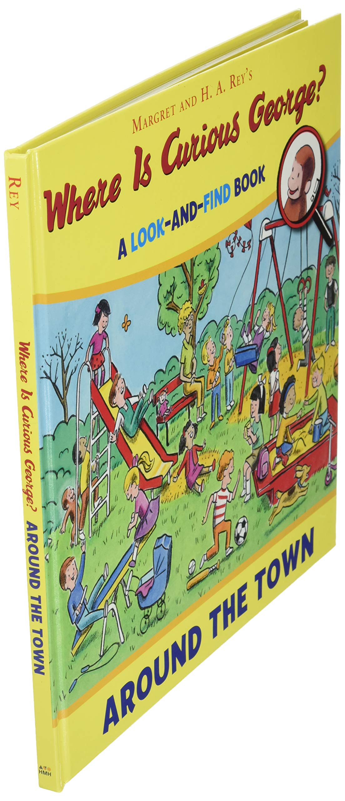 Where is Curious George? Look & Find Around the Town children’s book with colorful playground and park scenes on cover.