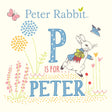 Illustration of Peter Rabbit with flowers and a bird, from the charming board book P is for Peter.