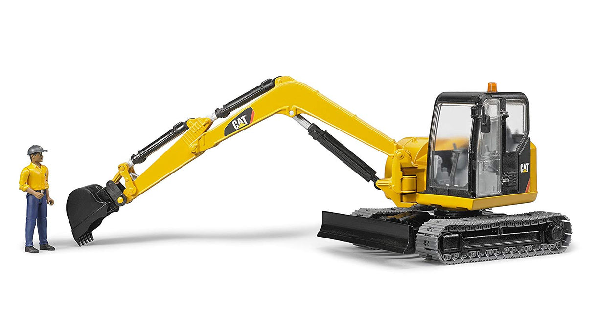 Cat Mini Excavator with Worker model showing yellow excavator with movable arm and a standing construction worker figure.