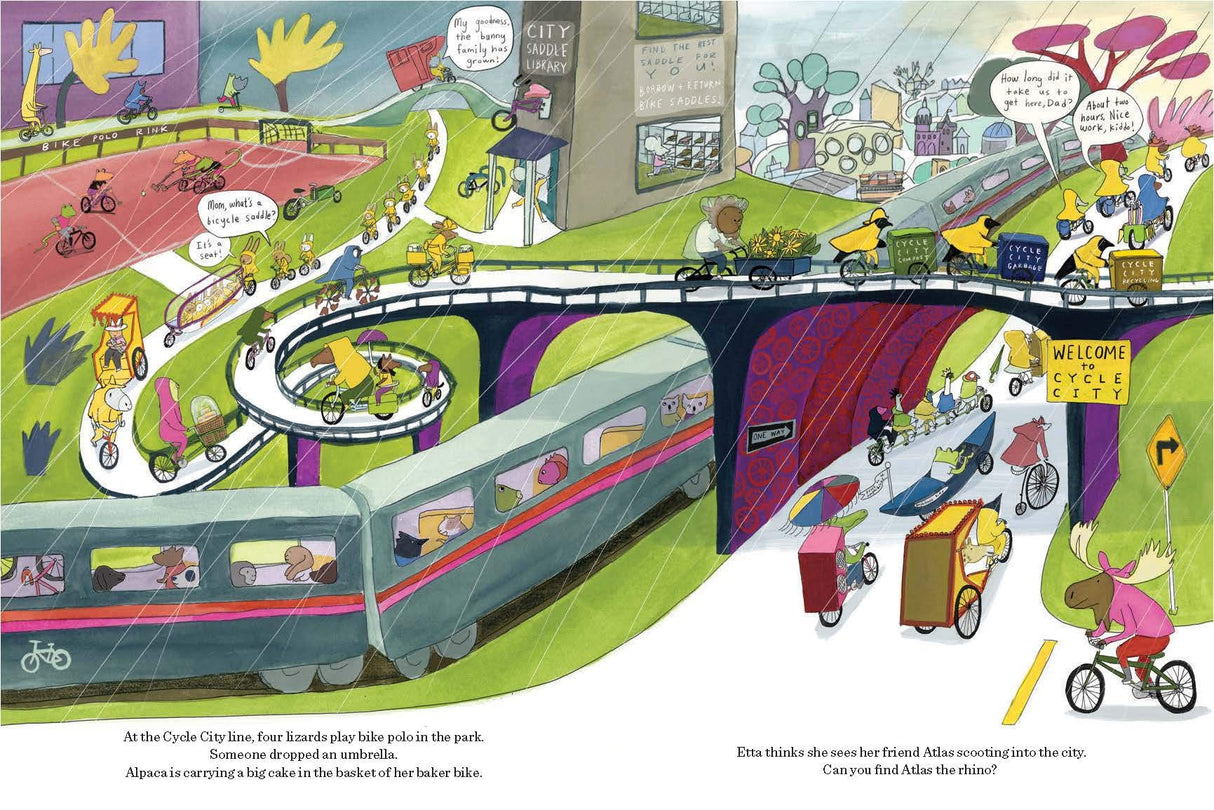 Bicycle Bash illustration showing a lively city with colorful bikes, bridges, and characters riding in Cycle City.