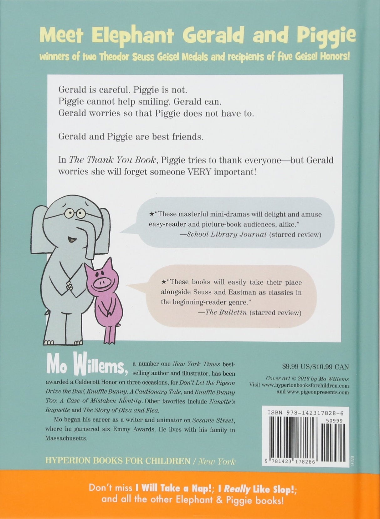 Back cover of Elephant & Piggie Thank You Book showing Gerald and Piggie with a summary of their friendship and story.