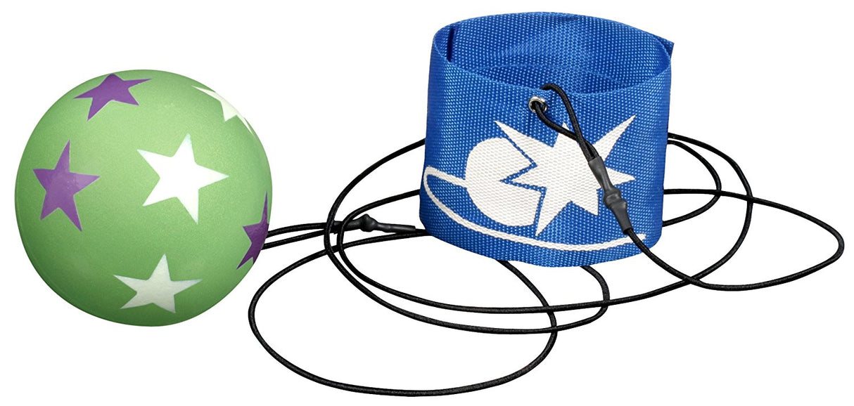 Rebound Ball with green star-patterned foam ball and blue Velcro wrist bracelet attached to a 50 inch cord.