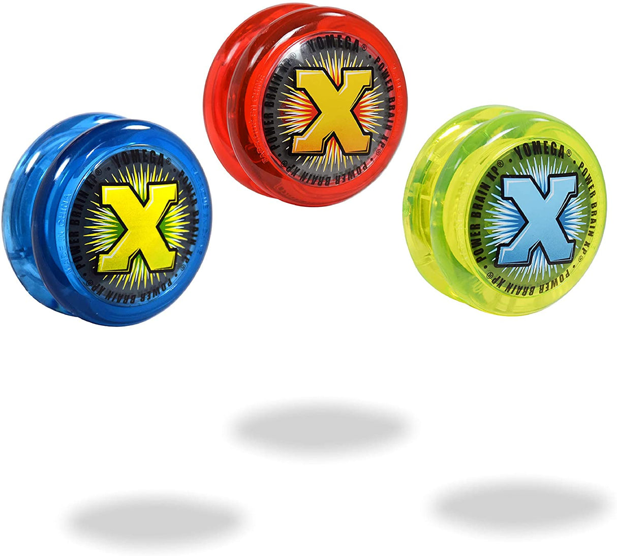 Three colorful Yoyo Power Brain XP toys in blue, red, and yellow with bold X logo on each side.
