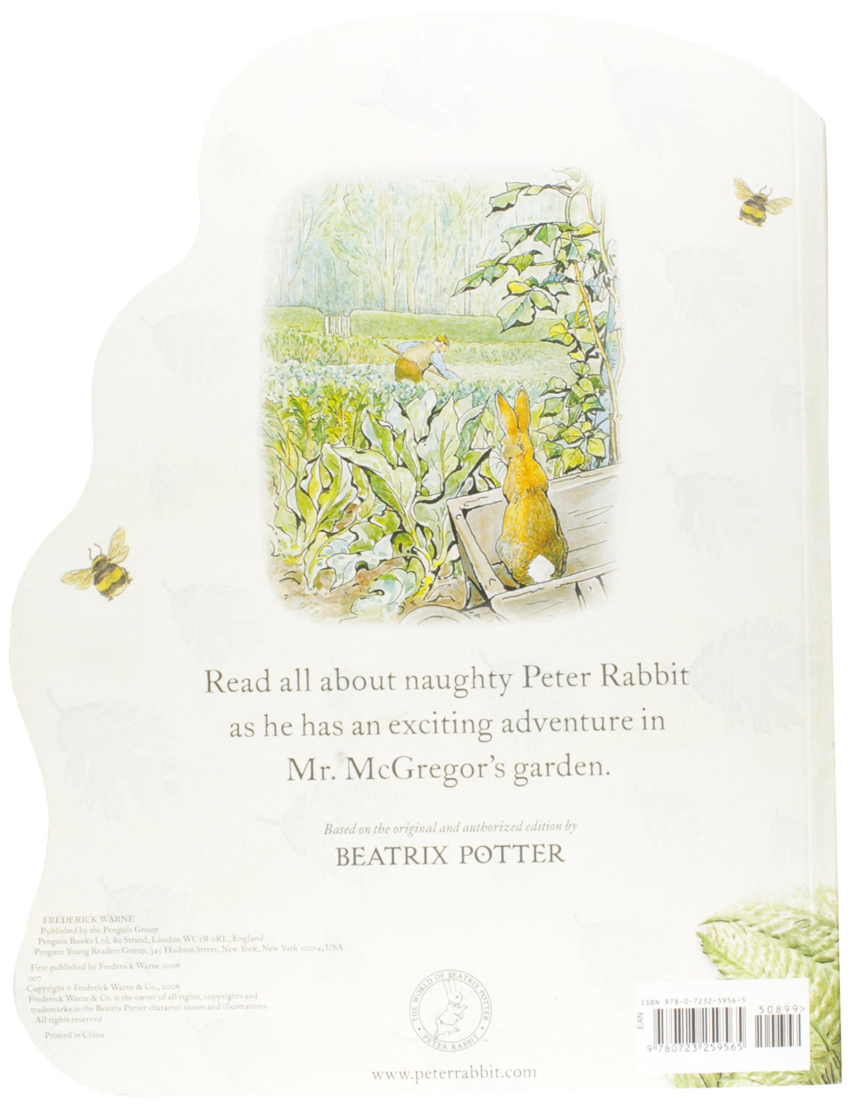Peter Rabbit Shaped Board Book page showing Peter Rabbit watching Mr. McGregor gardening and bees flying nearby