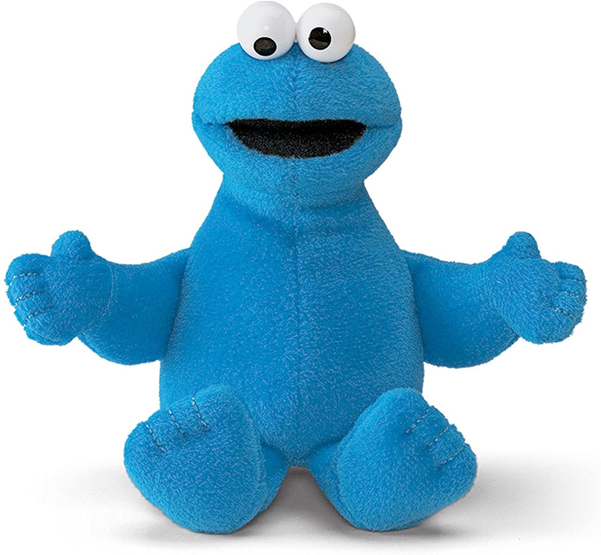 Sesame St Character 7” blue plush beanbag toy with large eyes and open mouth, perfect for Sesame Street fans.