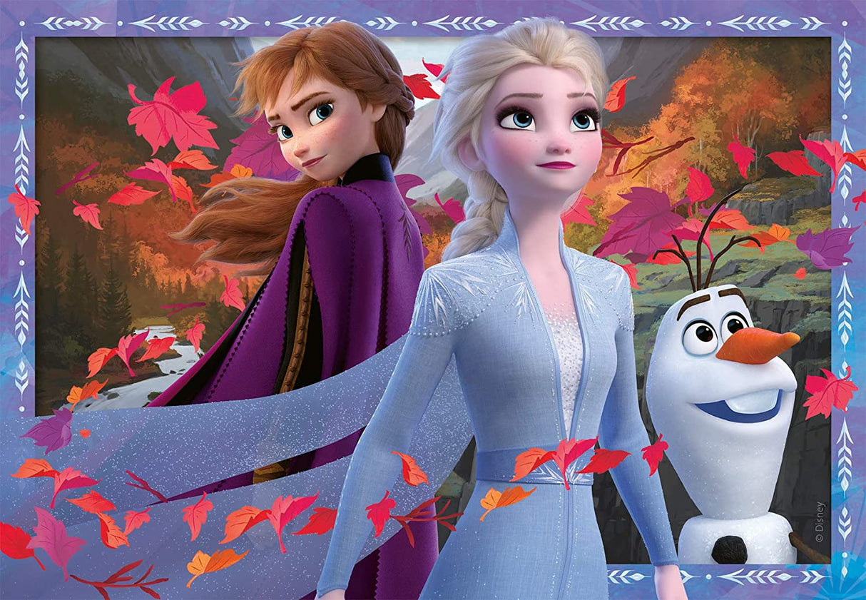 24pc Frozen Frosty Adventure Puzzles featuring characters Anna, Elsa, and Olaf in an autumn forest scene.