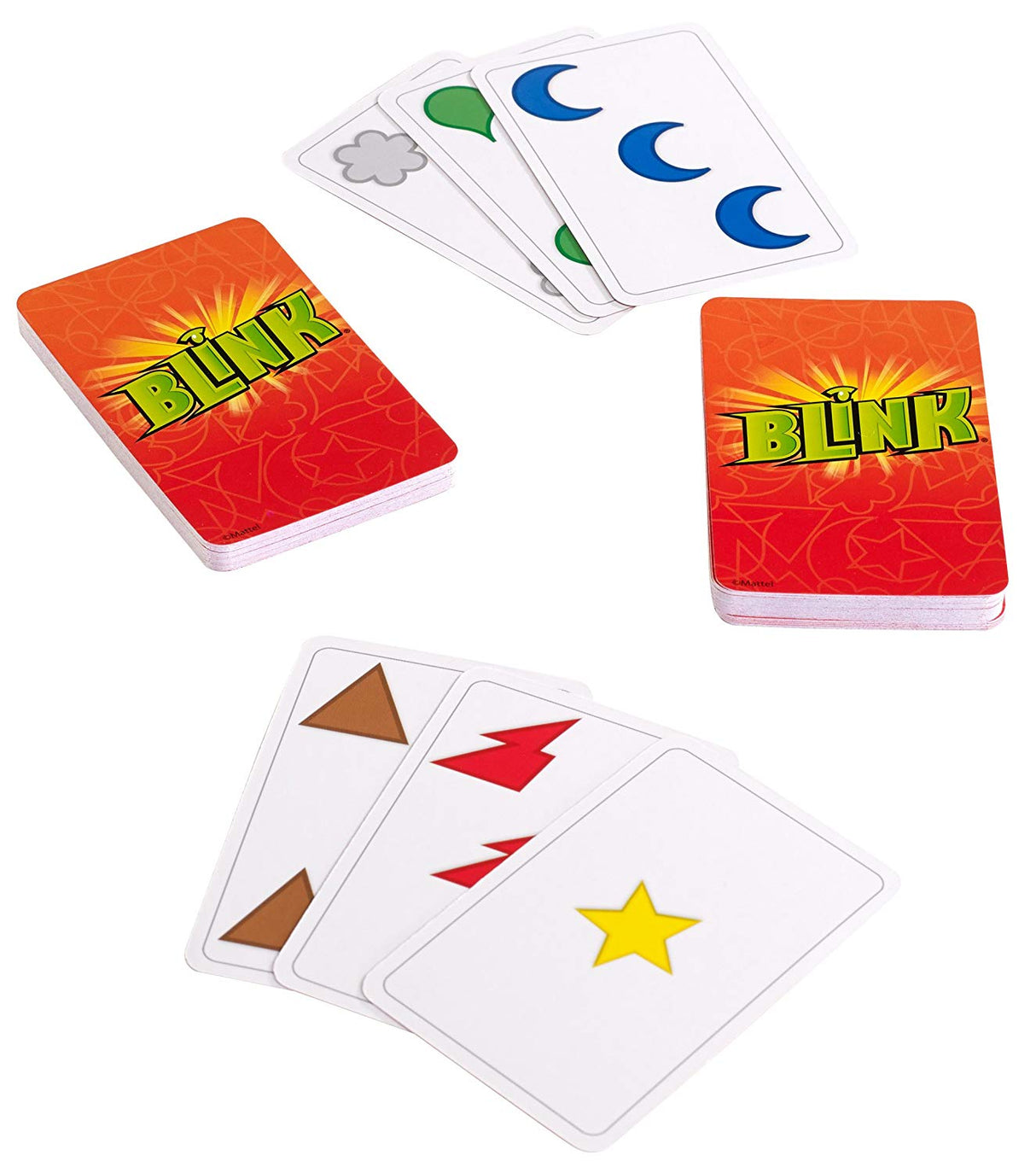 Blink card game showing vibrant cards with shapes and colors for fast-paced matching gameplay.