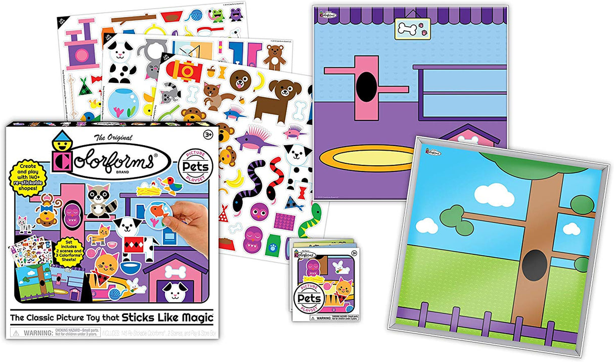 Colorforms Pets playset with 145 re-stickable pieces, 2 play scenes, and storage box for imaginative pet fun.