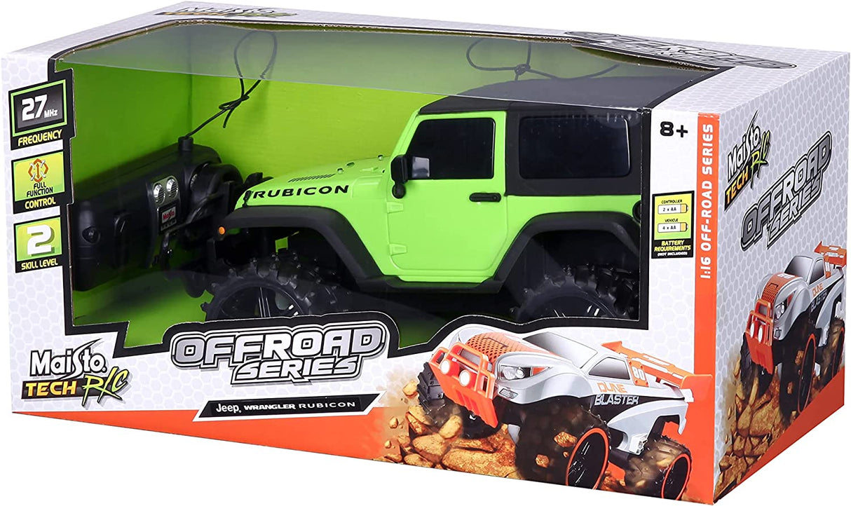 RC Jeep Wrangler Rubicon remote control car in green with large off-road tires, designed for rough terrain play.