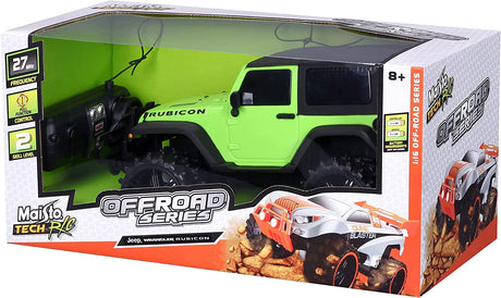 RC Jeep Wrangler Rubicon remote control car in green with large off-road tires, designed for rough terrain play.