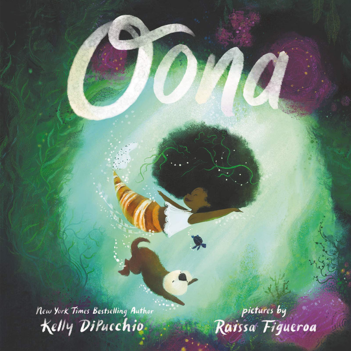 Cover of the picture book Oona showing a mermaid and an otter underwater in a colorful ocean scene.