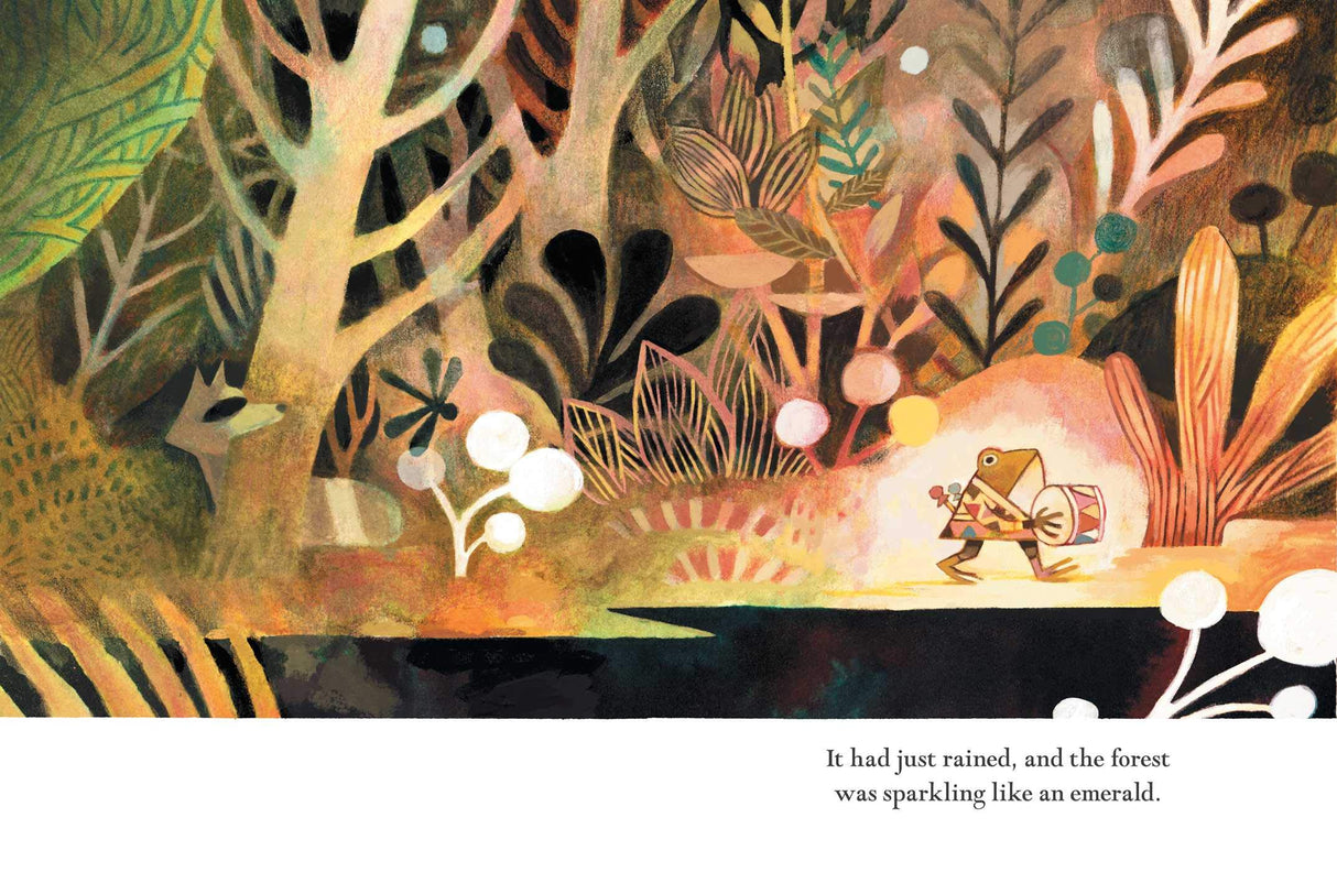 Illustration from Pokko and the Drum showing a small frog with a drum in an emerald forest after rain.
