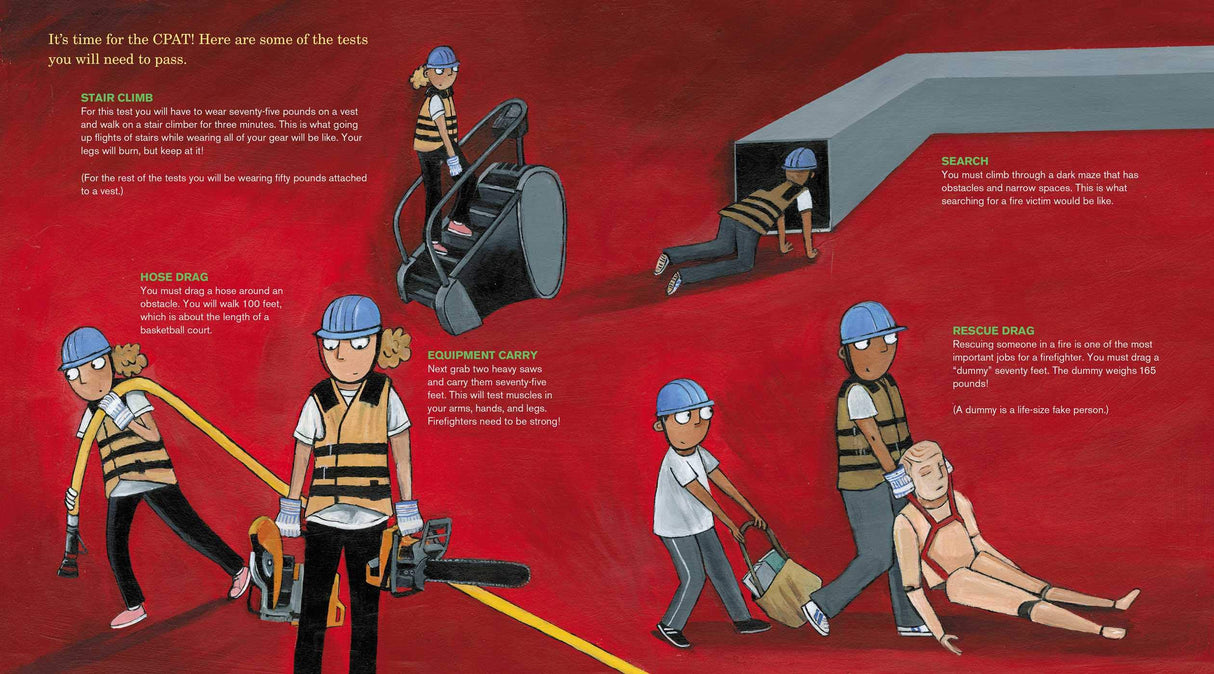 Firefighter's Handbook showing colorful illustrations of firefighters training and using equipment in action scenes.