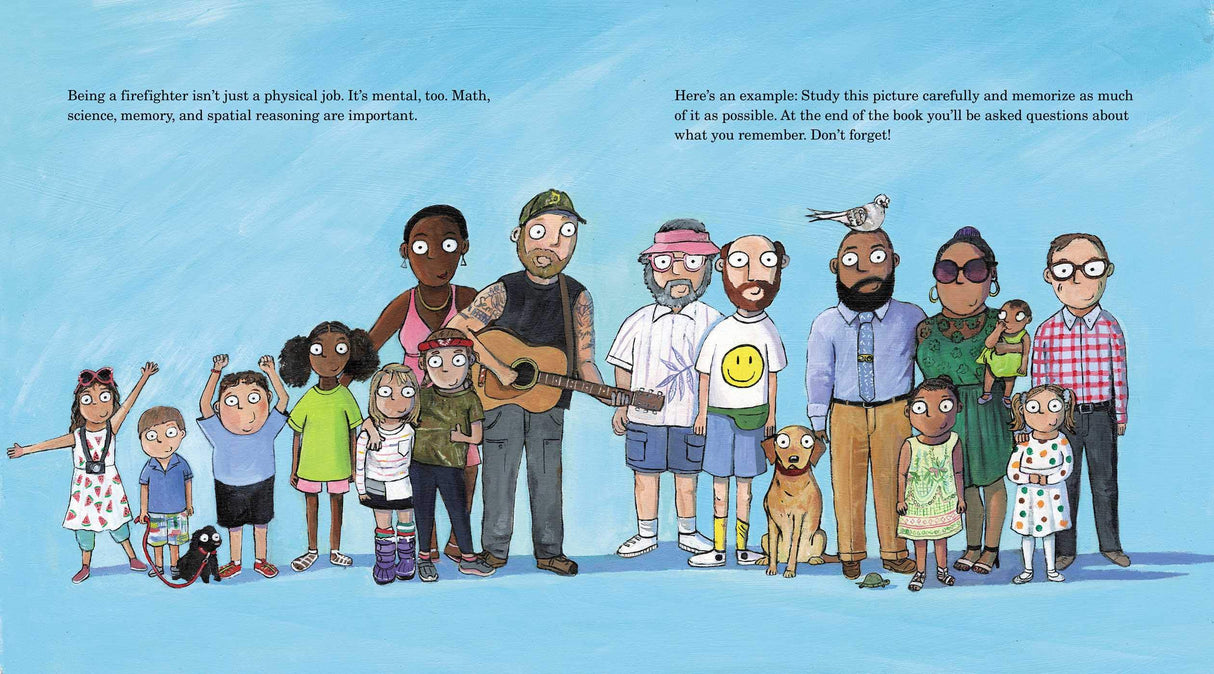 Illustration from Firefighter's Handbook showing diverse group of people and pets in colorful clothing against blue background.