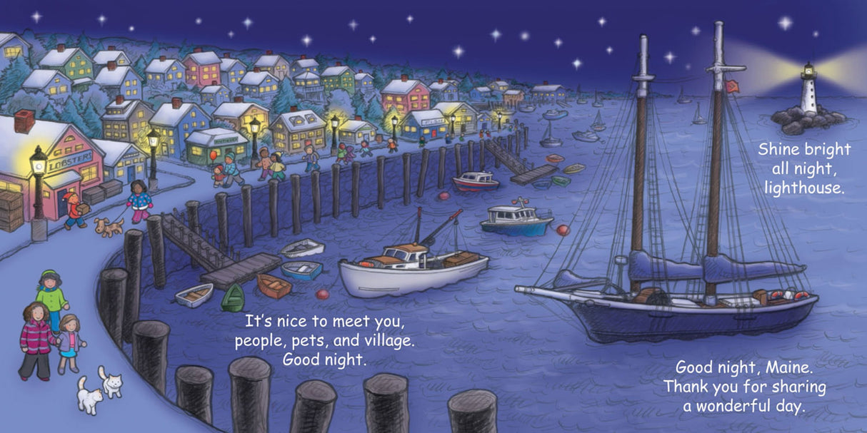 Good Night Maine board book illustration of a peaceful coastal village, boats, lighthouse, and nighttime sky.