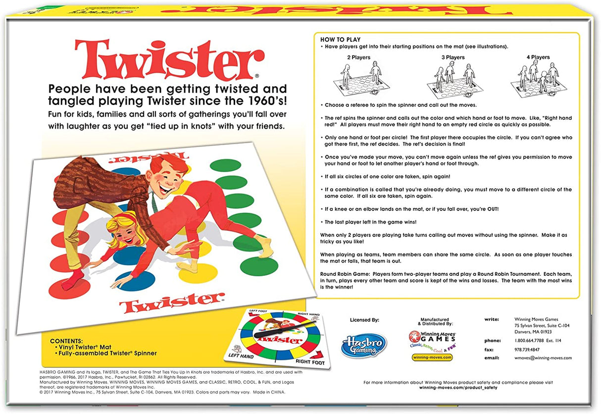 Twister game box showing a colorful vinyl mat and players having fun twisting and laughing together.
