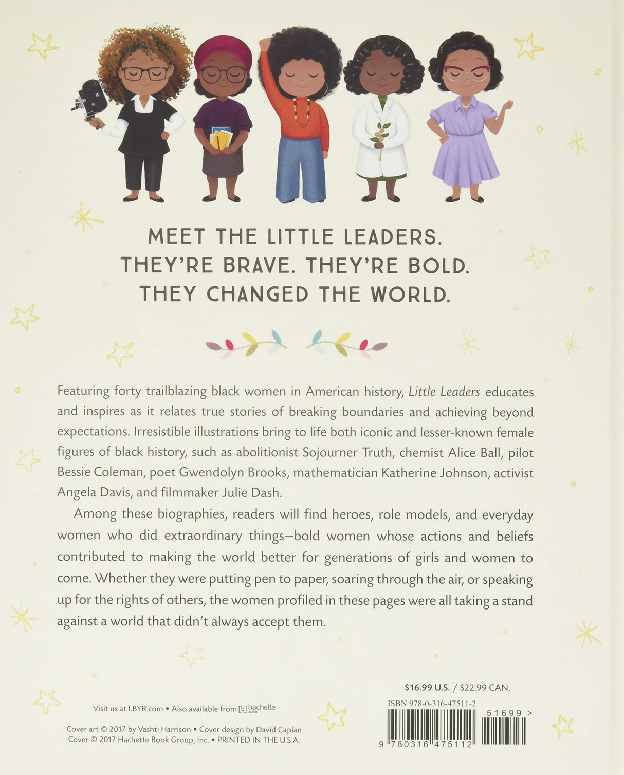 Little Leaders Bold Women in Black History book back cover featuring illustrations of five diverse girls and inspirational text.