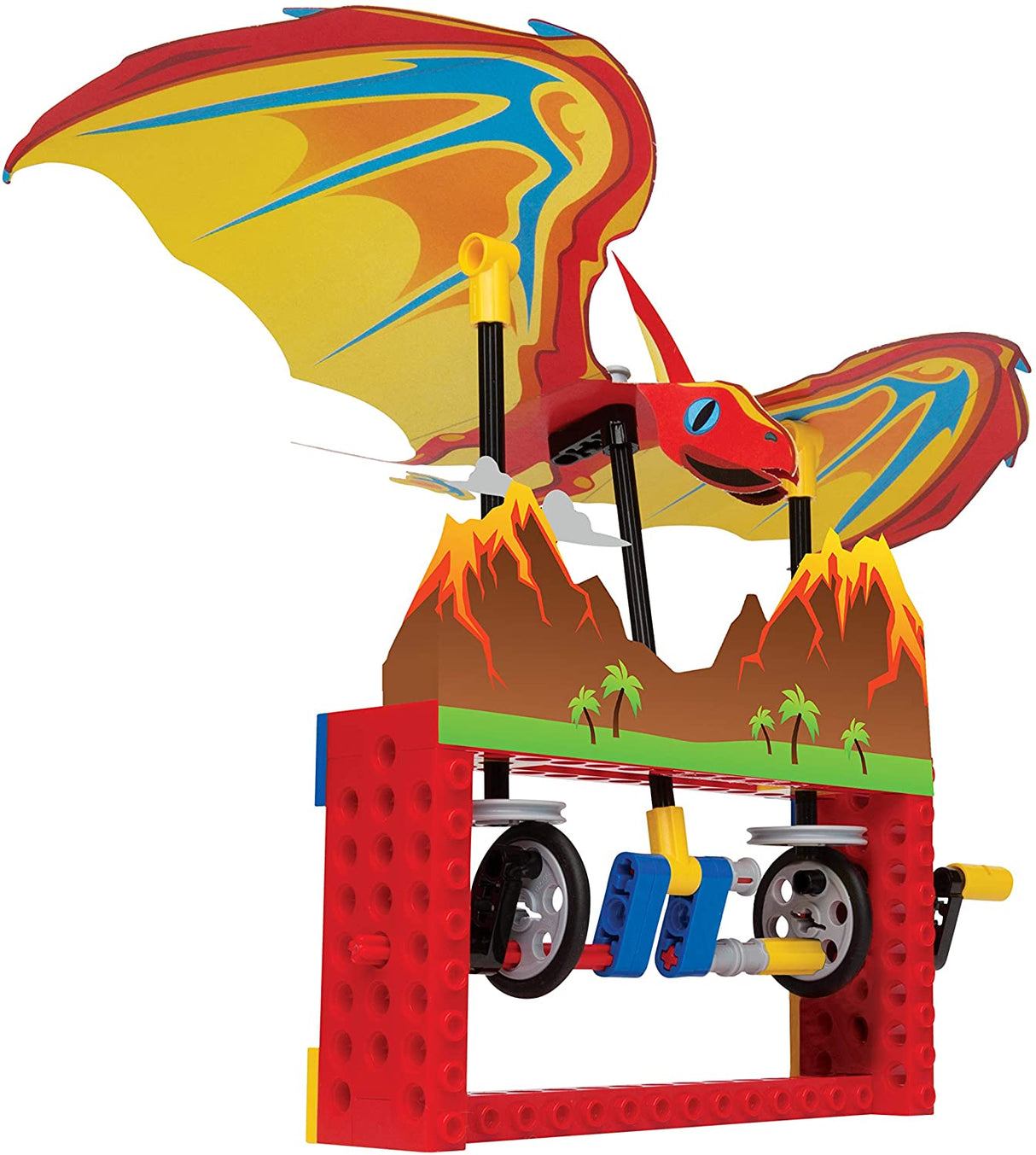 Lego Gear Bots pterodactyl model with colorful wings and volcano design, a STEM-driven kinetic sculpture toy.
