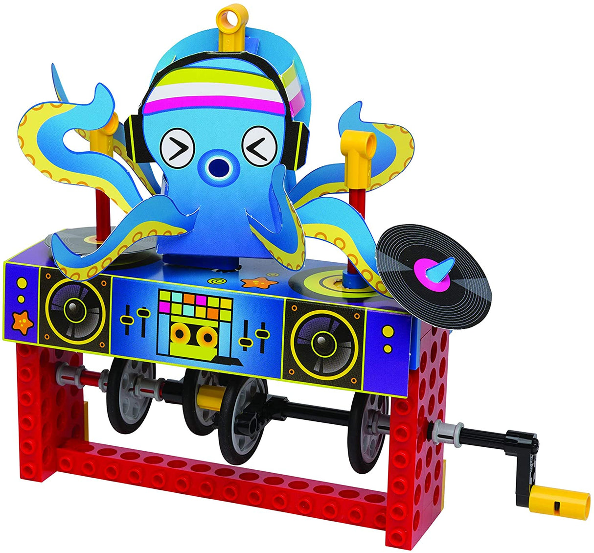 Lego Gear Bots DJ Bubbles kinetic sculpture with crank, octopus DJ spinning records automata toy for STEM learning.