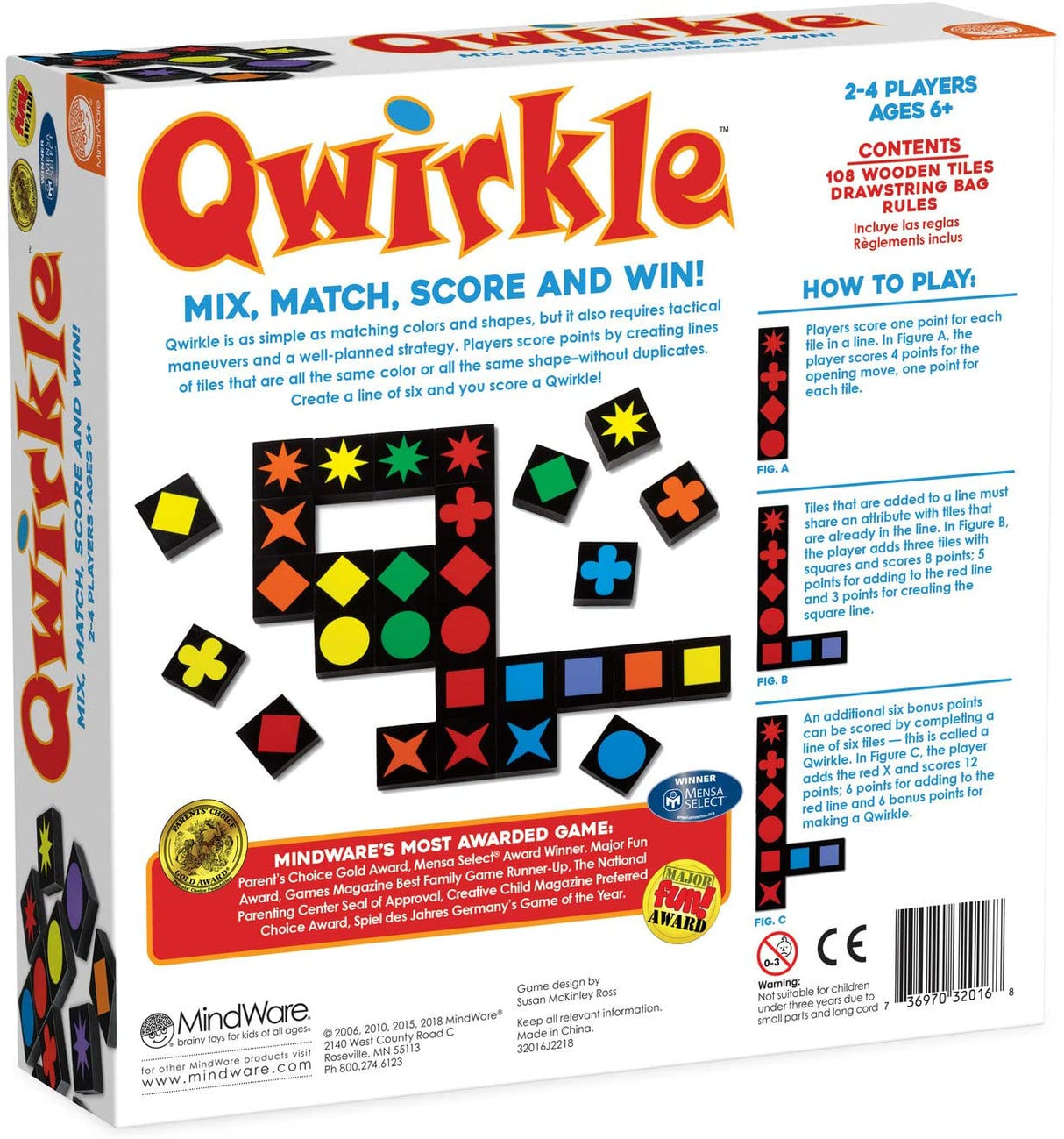 Qwirkle game box featuring colorful wooden tiles for matching shapes and colors, perfect for ages 6 and up.