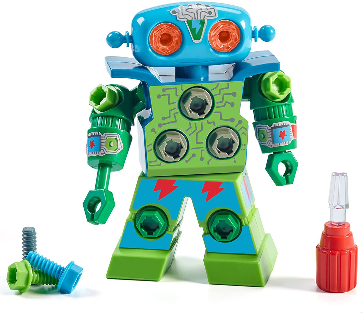 Design & Drill Robot with colorful bolts and kid-friendly screwdriver for preschool STEM learning and motor skill development.