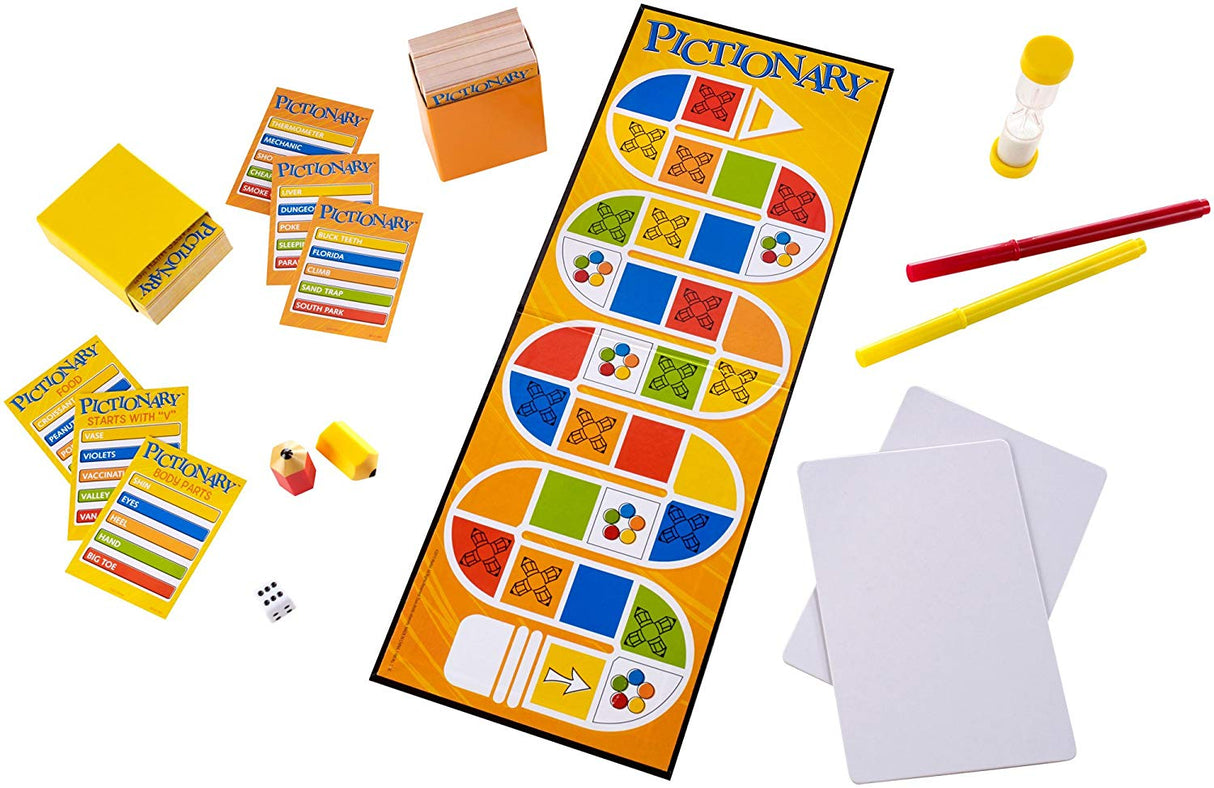 Pictionary game set with colorful board, cards, dice, timer, markers, and dry erase boards for drawing and guessing.