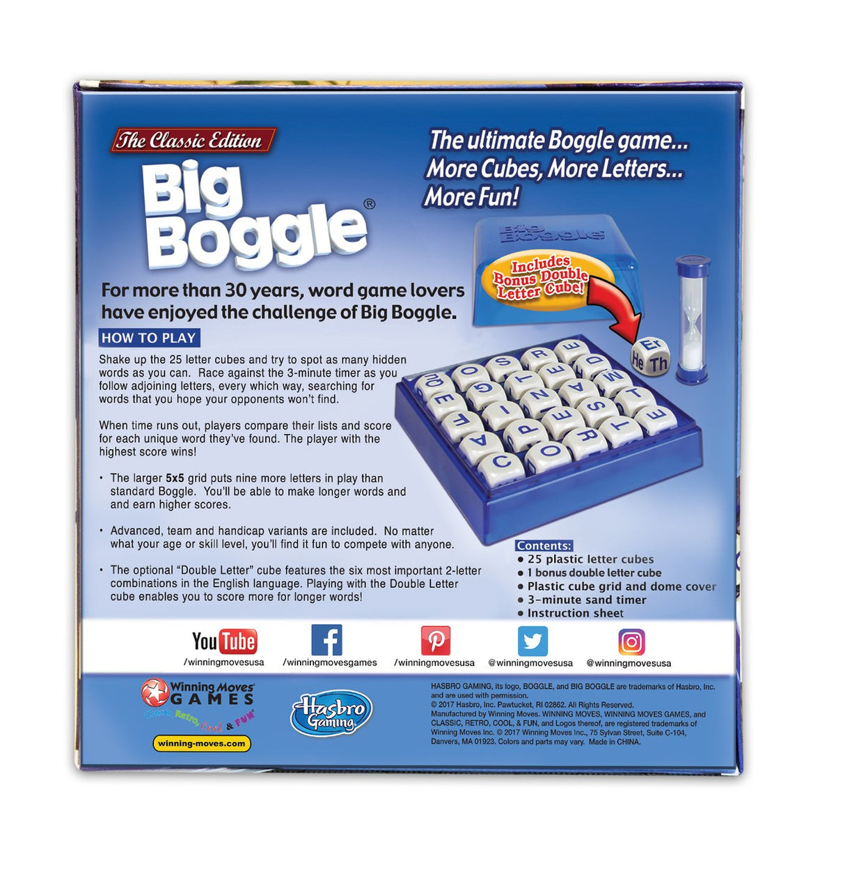 Big Boggle word game box showing letter cubes, timer, and instructions for classic word challenge play.