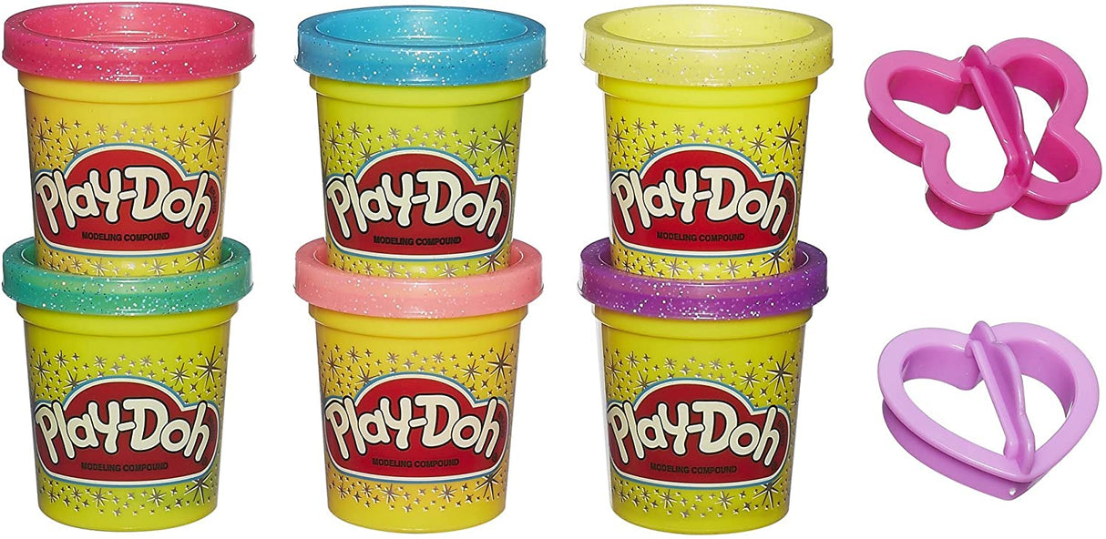 Play Doh Sparkle six colorful sparkle compound tubs with two pink shape cutters for creative play.