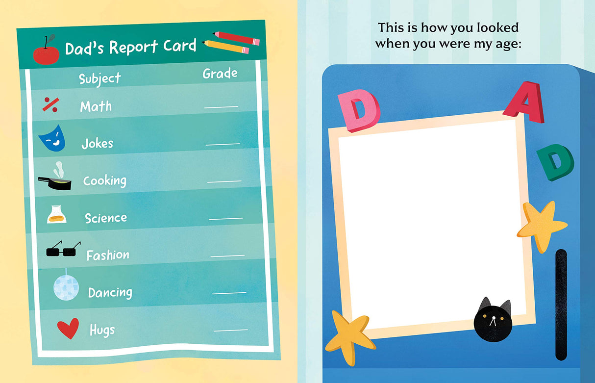 Two-page spread from A Book About Dad with colorful prompts for kids to fill in and draw about Dad's qualities and memories.