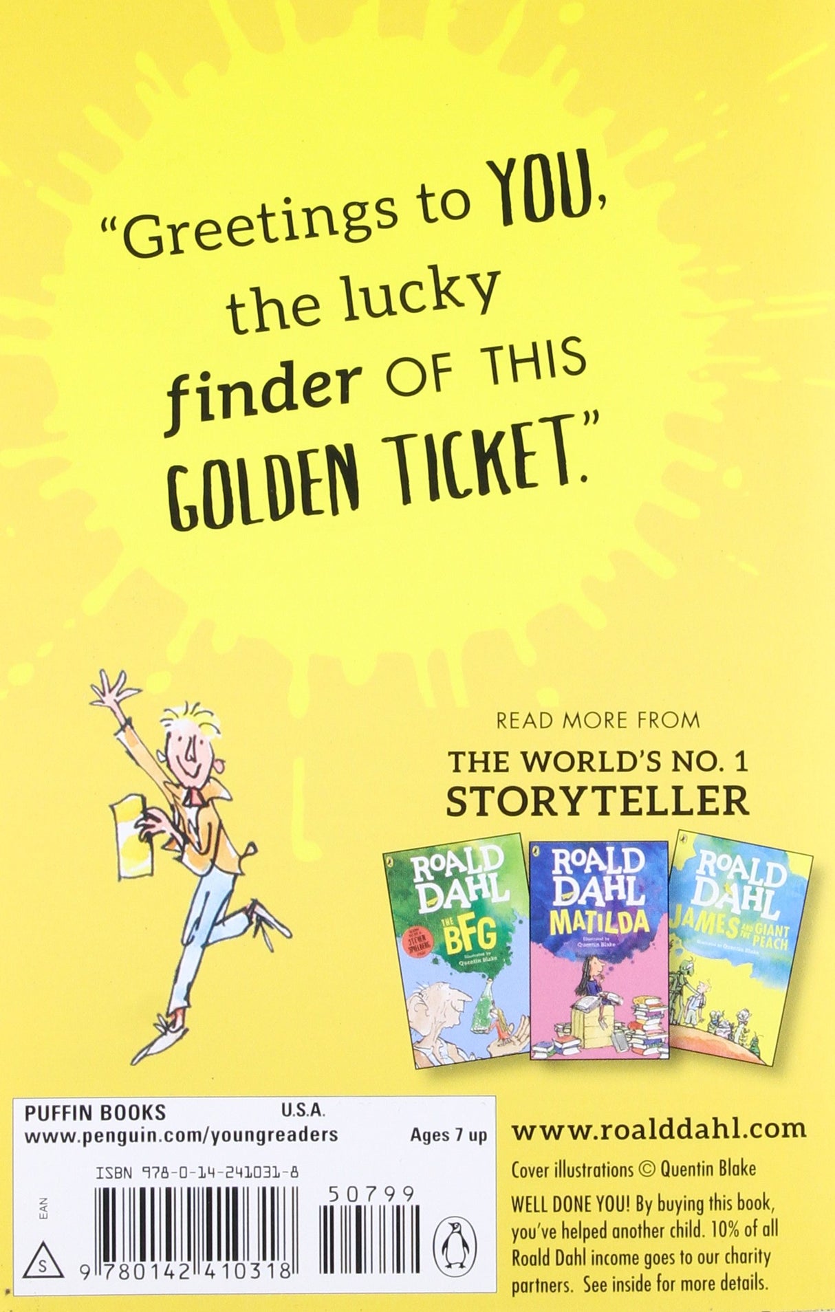 Back cover of Charlie and the Chocolate Factory featuring a golden ticket greeting and Roald Dahl book illustrations.