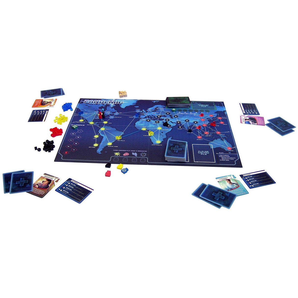 Pandemic board game setup showing world map, disease cubes, player cards, and pieces for cooperative strategy play.