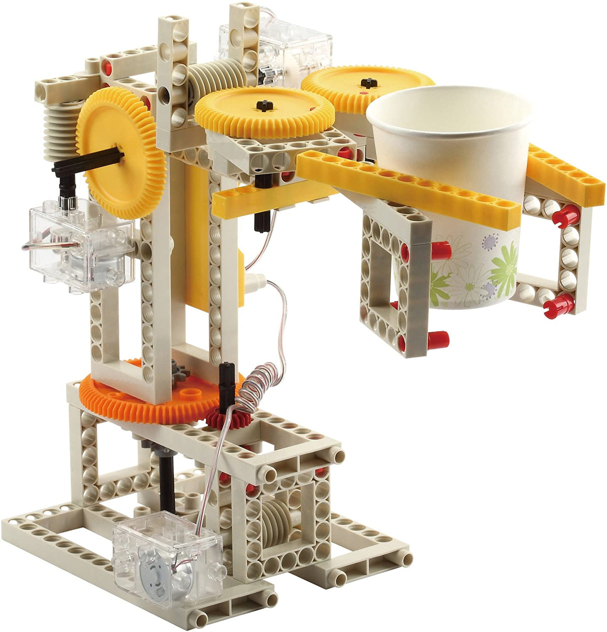 Remote Control Machines motorized crane model built with gears and motors holding a paper cup assembly kit set.