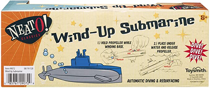 Wind-Up Submarine bath toy with long-lasting sealed gears designed to dive and resurface, suitable for ages 5+.
