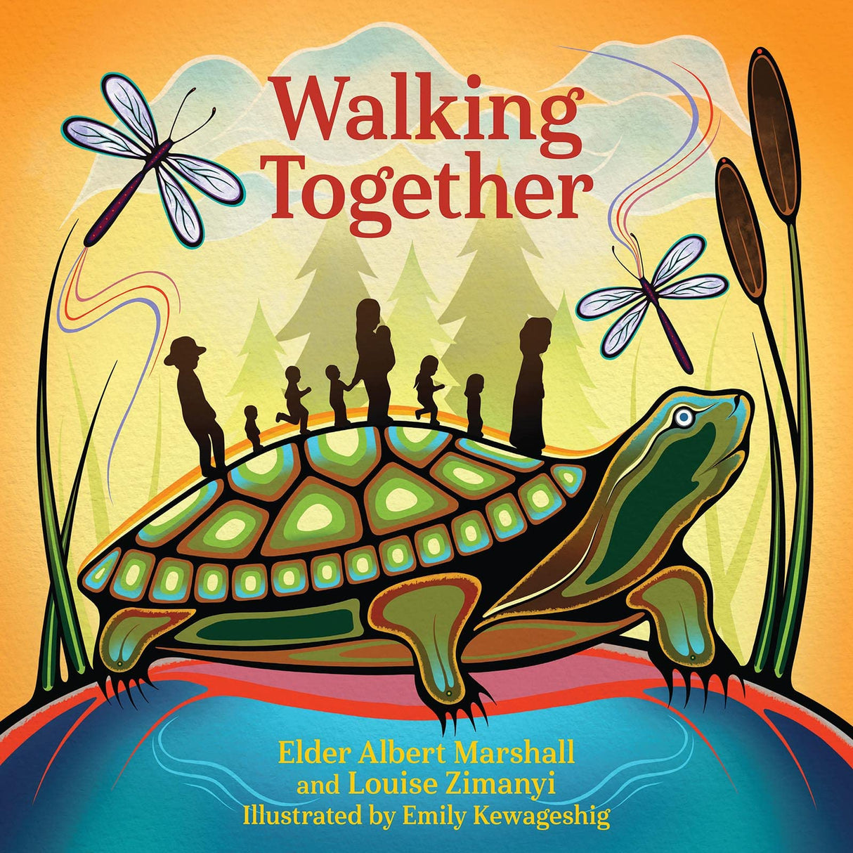 Walking Together book cover showing children walking on a turtle with dragonflies and cattails in a nature scene.