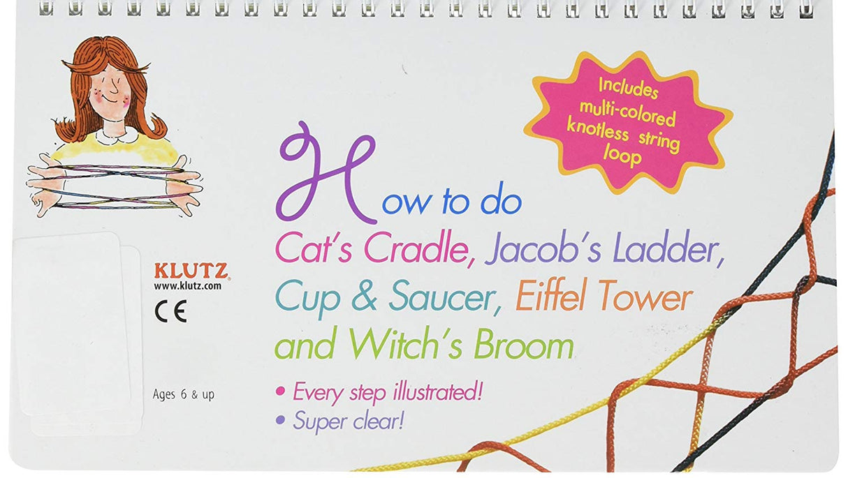 Instruction booklet for Cats Cradle showing colorful knotless string loop and step-by-step illustrations for string figures.