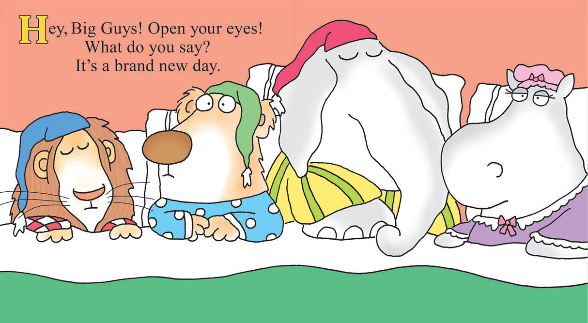 Illustration from Hey, Wake Up! book showing sleepy animals in colorful pajamas waking up on a green bed.