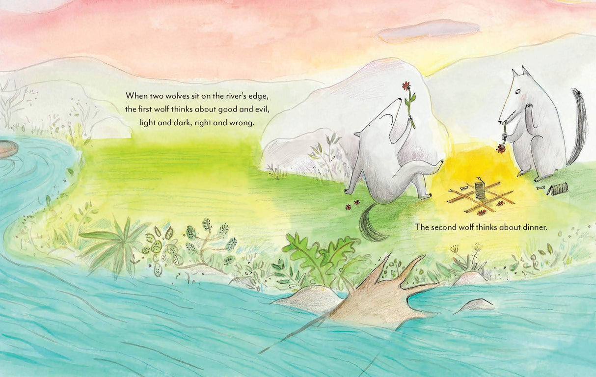 Over the Moon illustration showing two wolves by a river discussing good and evil and dinner at sunset.