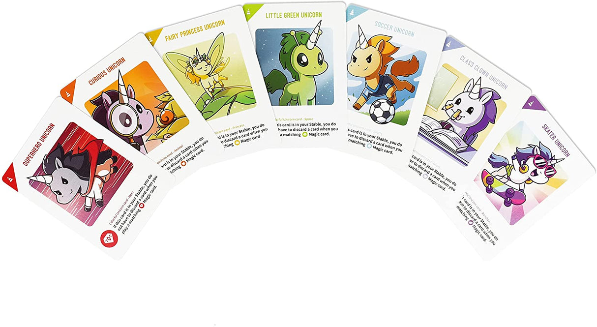 Unstable Unicorns Kids Edition showing colorful character cards featuring playful and magical unicorn designs for children.