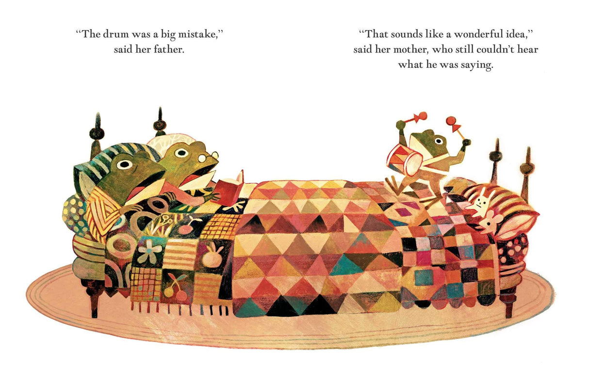 Illustration from Pokko and the Drum showing a family of frogs in bed with Pokko playing the drum beside them.