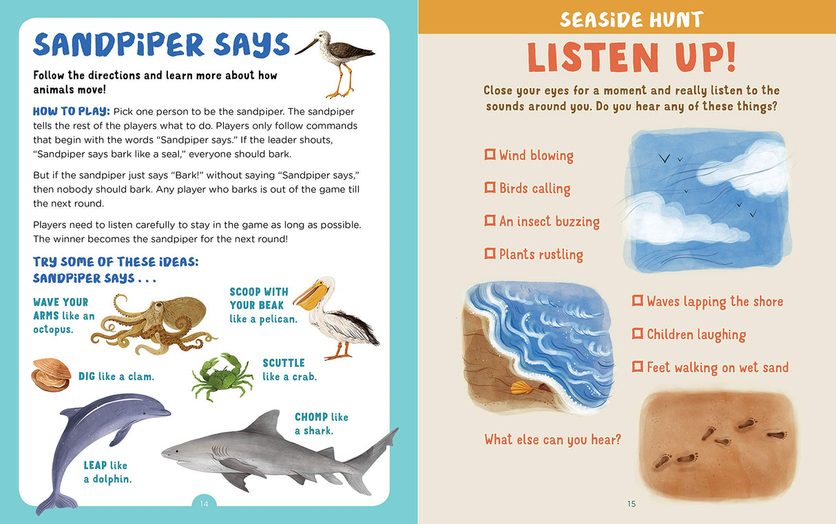 Backpack Explorer: Beach Walk showing interactive animal movement game and seaside sound hunt for beach learning fun.