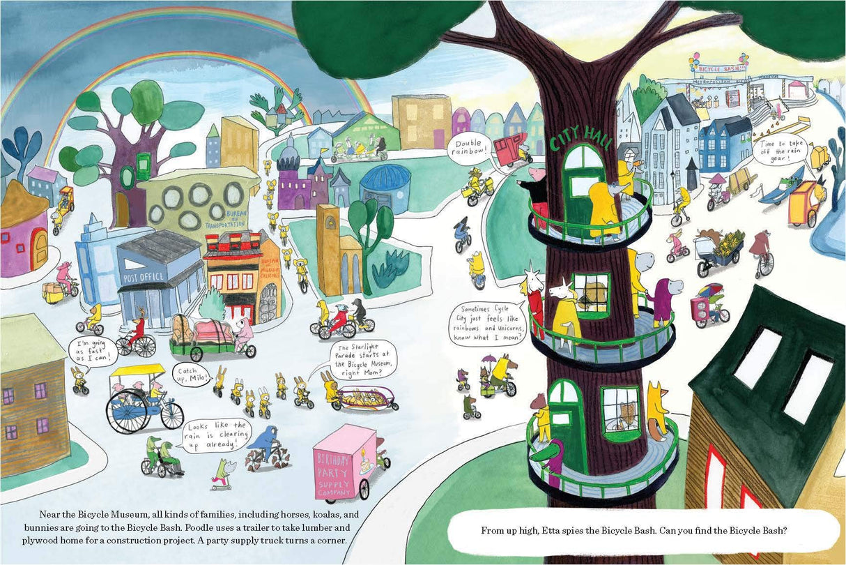 Illustrated busy Cycle City scene with bikes and characters at the Bicycle Bash in the book Bicycle Bash.