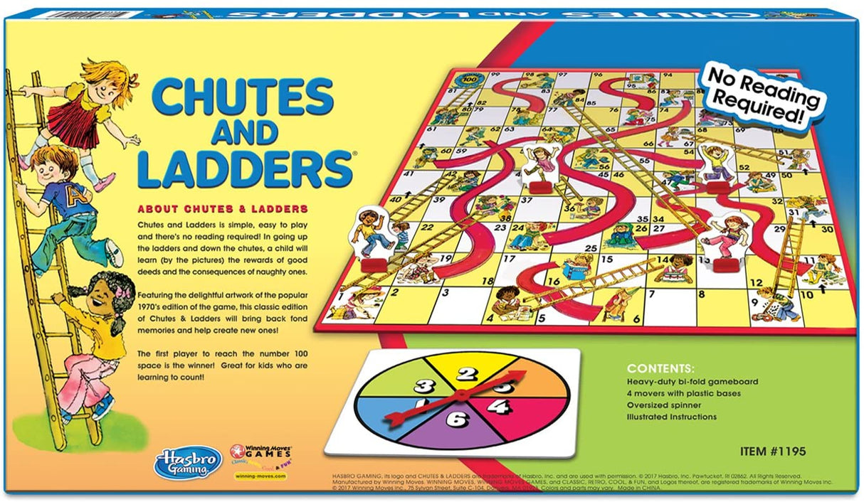 Chutes and Ladders classic 70's edition board game with colorful artwork, spinner, and four movers for family fun.