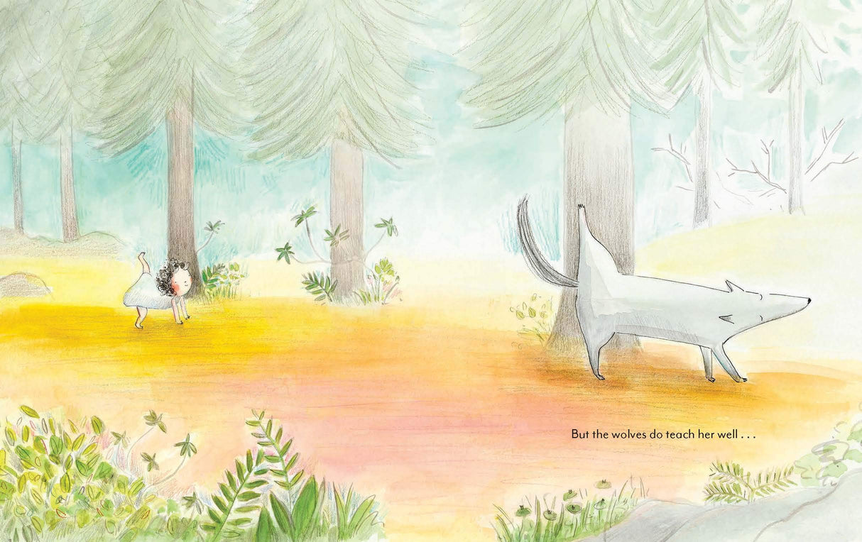 Over the Moon illustration of two wolves and a child in a forest, showing a gentle and nurturing scene.