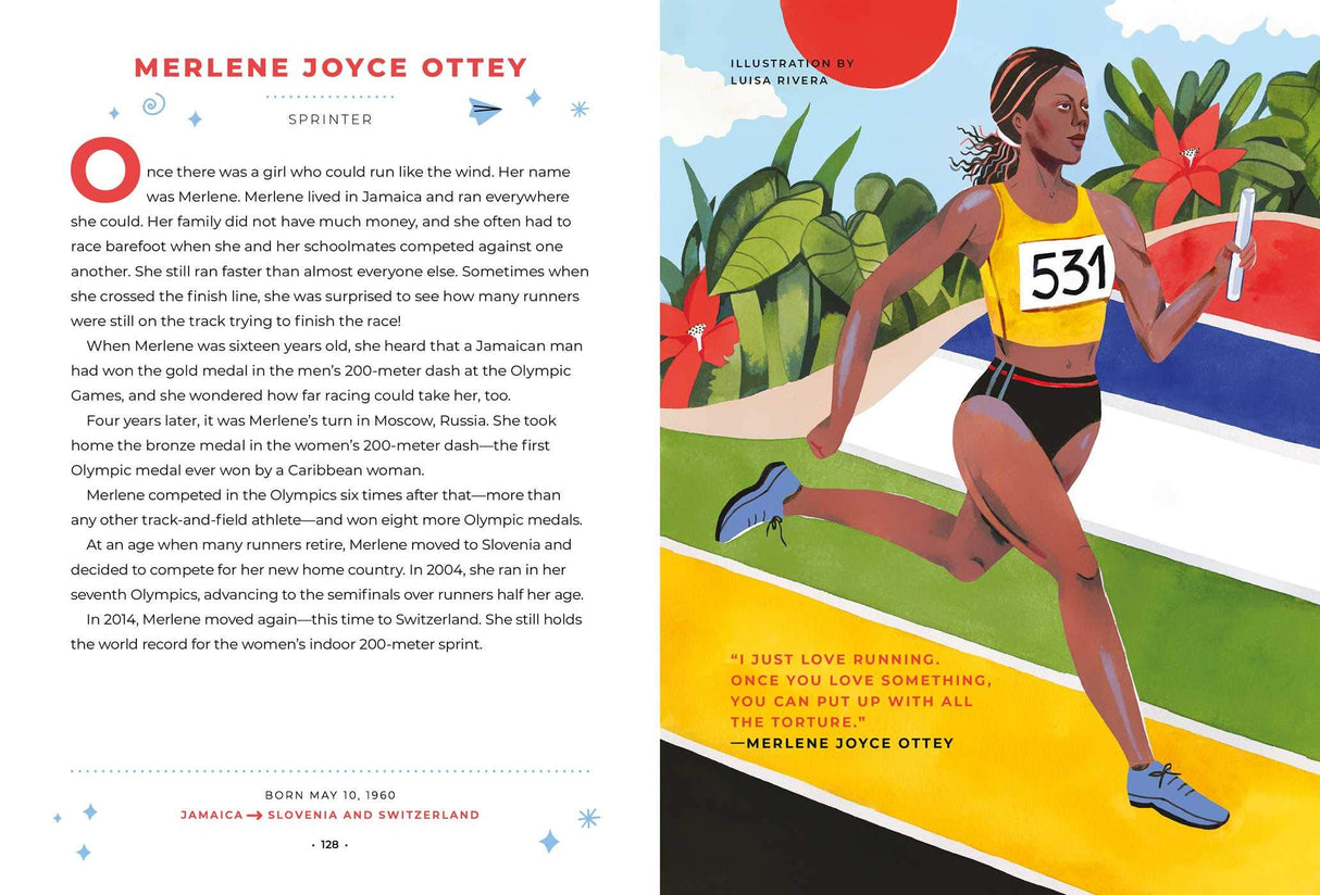Good Night Stories for Rebel Girls: 100 Immigrant Women Who Changed the World featuring Merlene Joyce Ottey portrait and story.