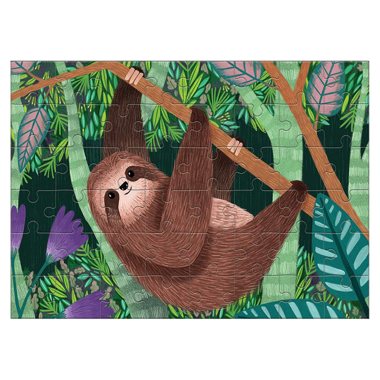 48pc Sloth Mini Puzzle featuring a realistic three-toed sloth hanging on a branch in a lush green jungle setting.