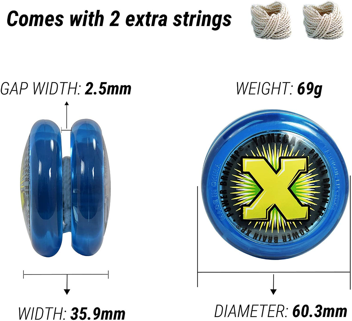 Yoyo | Power Brain XP blue yo-yo with Smart Switch, includes 2 extra strings, 69g weight, 35.9mm width, 60.3mm diameter.