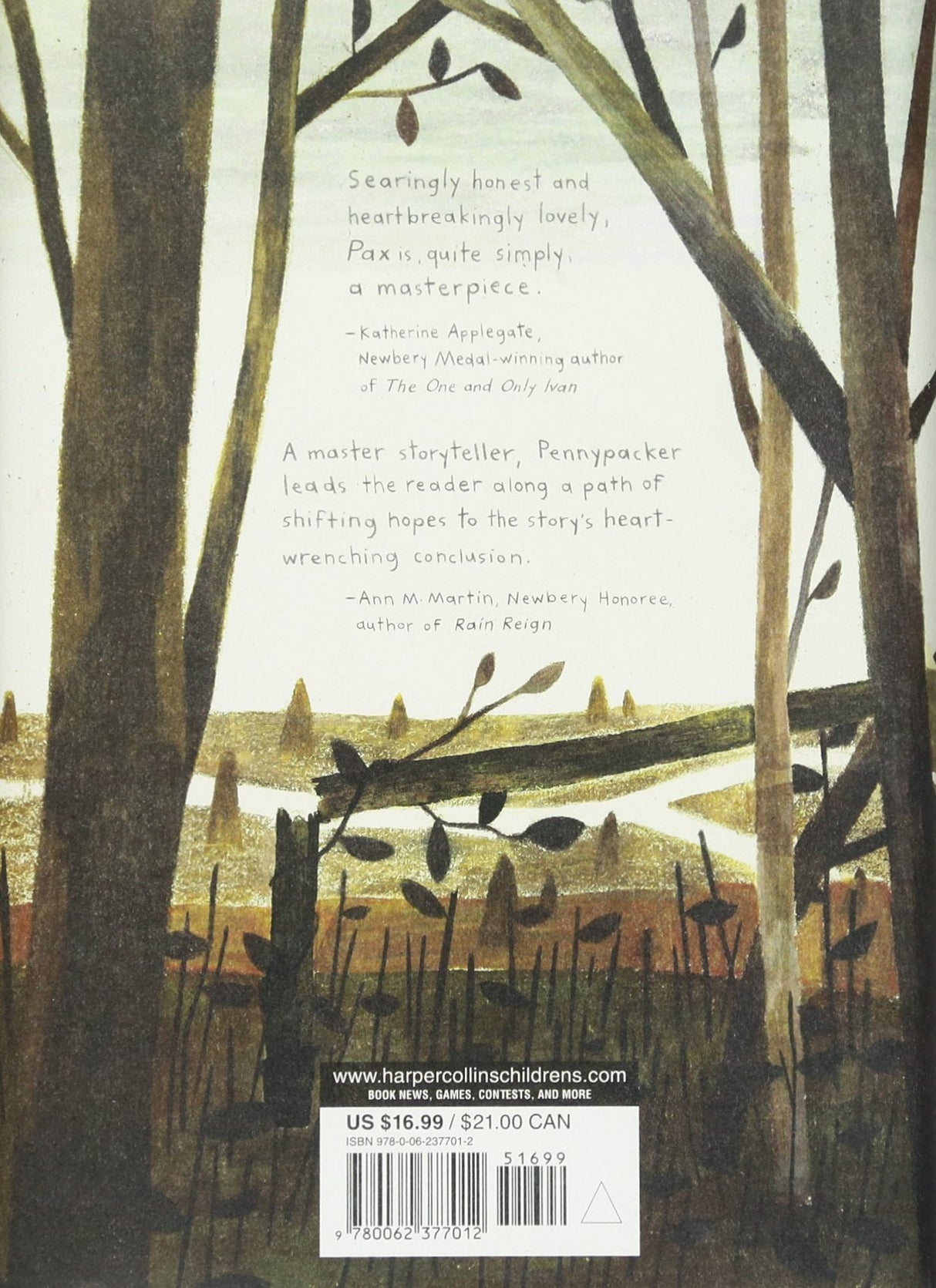 Back cover of Pax book showing forest illustration with author praises and pricing details.