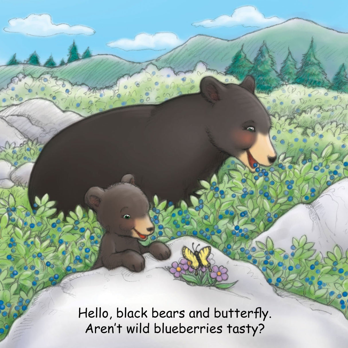 Good Night Maine board book illustration of a mother black bear and cub exploring blueberries and a butterfly in nature.